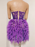 Sparkly Purple Diamonds Mesh Ruffled See Through Mini Dress Women Sexy Strapless Birthday Evening Party Nightclub Stage Costume