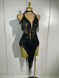 2026 New Sparkly Rhinestones Tassel Mesh Sexy See-Through Dress Latin Dance Outfits Women Bar Nightclub Show Party Stage Costume