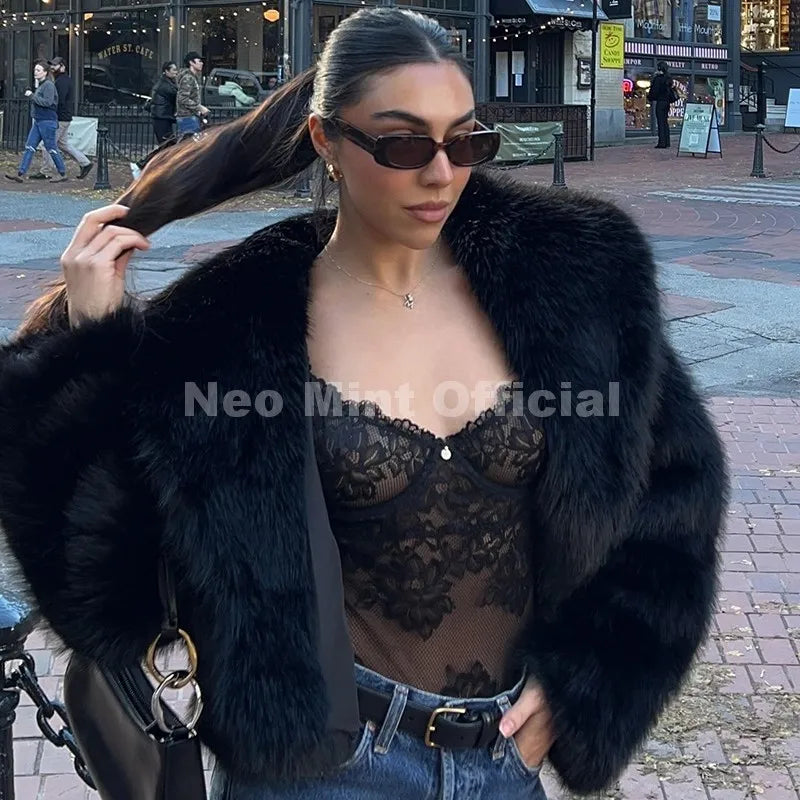 Winter 2026 Trendy Brown Obsession Cropped Shawl Collar Faux Fur Coat Women Jacket Chic Girls Brand Fox Fur Outerwear
