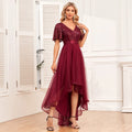 Women Elegant V-neck Ruffle Short Sleeve Evening Dress A-Line Fluffy Gauze Irregular Party Dress Formal High-Low Vestidos