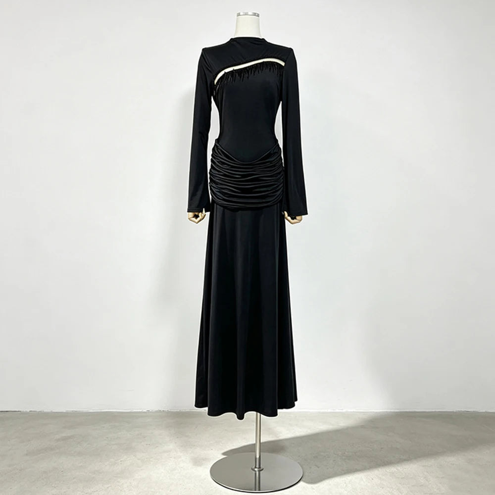 Slimming Spliced Folds Temperament Dresses for Women Round Neck Long Sleeves Patchwork Tassel Dress Female Clothing