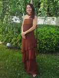 Brown Glitter Chiffon Tiered Maxi Dress Elegant One Shoulder Square Neck Flowy dresses 2026 Summer Formal Wedding  Party gowns