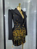 Handmake Women Long Sleeve Golden Beading Deep V-Neck Bodycon Mini Dress Celebrate Birthday Photo Shoot Performance Costume