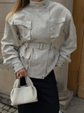 Women Oatmeal Soft Suede Stand Collar Snap Button Pocket Jackets Long Sleeve Coats Autumn Daily Office Party Chic Outerwear 2026