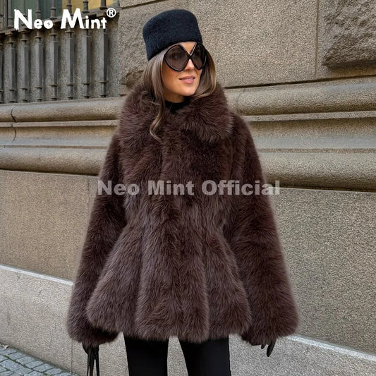 Trendy 2026 Winter Hot Chocolate Brown Peplum Fur Jacket Women Vintage Fashion Fluffy Faux Fox Fur Coat Long Outerwear