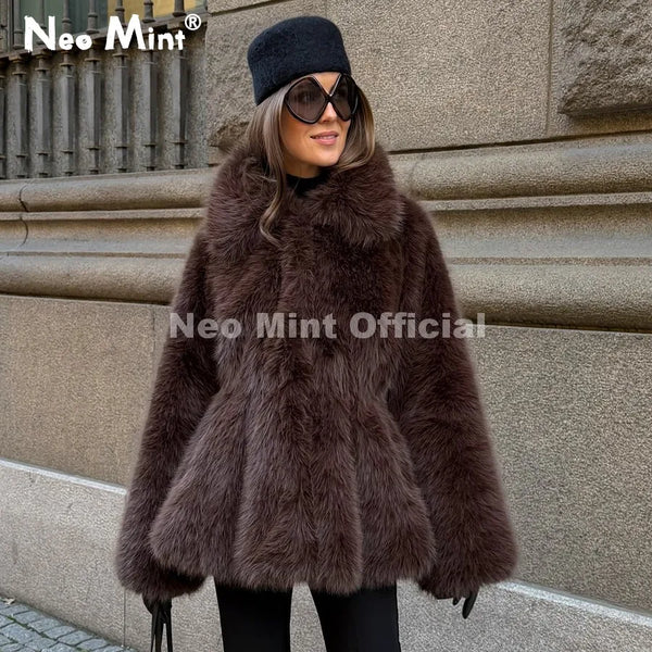 Trendy 2026 Winter Hot Chocolate Brown Peplum Fur Jacket Women Vintage Fashion Fluffy Faux Fox Fur Coat Long Outerwear