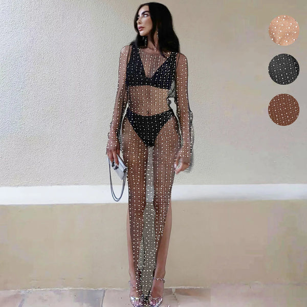 Womens Pearl Dress Mesh Sparkly Rhinestone Dress Cover Up Sexy Sheer Coverups for Swimwear Bikini Bathing Suit Beachwear