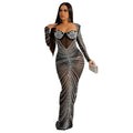 Open Back Glitter Sheer Mesh Party Maxi Dress for Women Fashion Full Sleeve Bodycon Sexy Club Long Evening Dress Vestidos