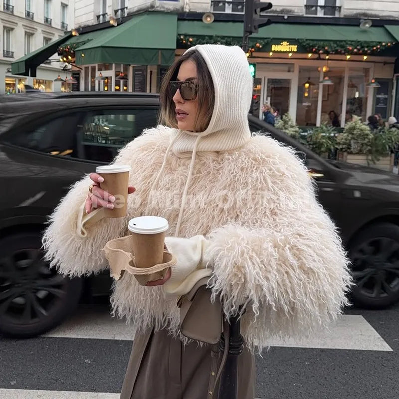 Chic Street Girls Round Neck Faux Mongolia Sheep Fur Coat Women 2026 Winter Fluffy Warm Fur Jacket Cropped Outerwear