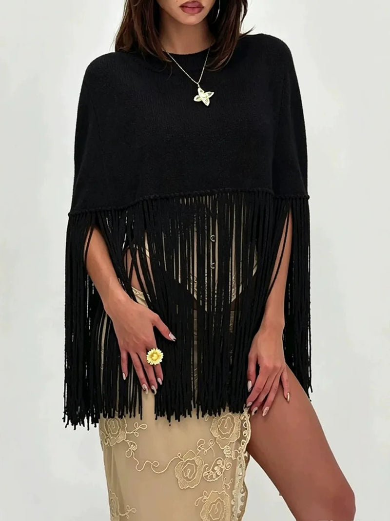 Minimalist Tassel Women Sweaters Round Neck Sleeveless Elegant Loose Sweater for Party Social Occasion Fashion New
