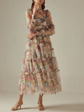 Patchworl Edible Tree Fungus Floral Dresses For Women Round Neck Long Sleeve High Waist Temperament Folds Mesh Dress Female