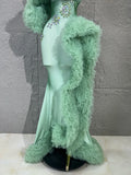 Sexy Mermaid Evening Dress Mint Green Fold Tulle Ruffle Train Rhinestone FoldFormal Gown For Women Pageant Performance Costume