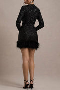 Solid Spliced Sequines Slimming Dresses for Women O Neck Long Sleeve Temperament Dress Female Fashion New