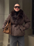 Women Short Belted Puffer Jacket Large Faux Fox Fur Collar Waist Tie Puff Sleeve Thick Warm Coat Winter Elegant 2026 Streetwear