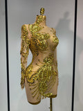 Women Sexy Long Sleeve Gold Rhinestone Dress Luxury Birthday Party Costume Bar Nightclub Celebrity Stage Performance Outfit