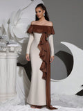 Sexy off shoulder ruffle tight bandage long dress women's Slash collar long sleeved elegant dress wedding dinner Gowns