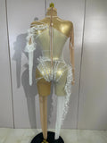 Women Eveing Birthday Party NightClub Dancer Stage Show Costumes Elegant White Pearl Long Sleeves Sexy Mesh See Through Jumpsuit