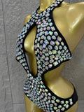 Gold Luxurious Black Bodysuit Women Sexy Halter Neck Iridescent Crystal Embellished Cutout Outfit Stage Performance Costume