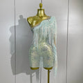 Women Mesh See Through Mini Dress Sexy One Shoulder Sparkly Rhinestone Tassel Latin Dance Nightclub Bar Party Club Stage Wear