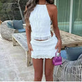 Sexy Halter Lace Up Ruched Mini Skirt Set Women Solid Sleeveless Backless Tops Low Waist Slim Skirts 2025 Summer Lady Beach Suit