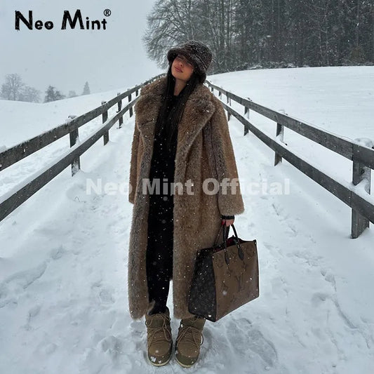 Winter Stylish Brown Gradient Extra Long Faux Fur Coat Women Mountain Fashion Overcoat Chic Vintage Fake Fox Fur Jacket