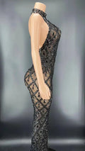 Flashing Silver Rhinestone Crystals Fringes Transparent Short Dress Birthday Celebrate Costume Evening Dancer Dress