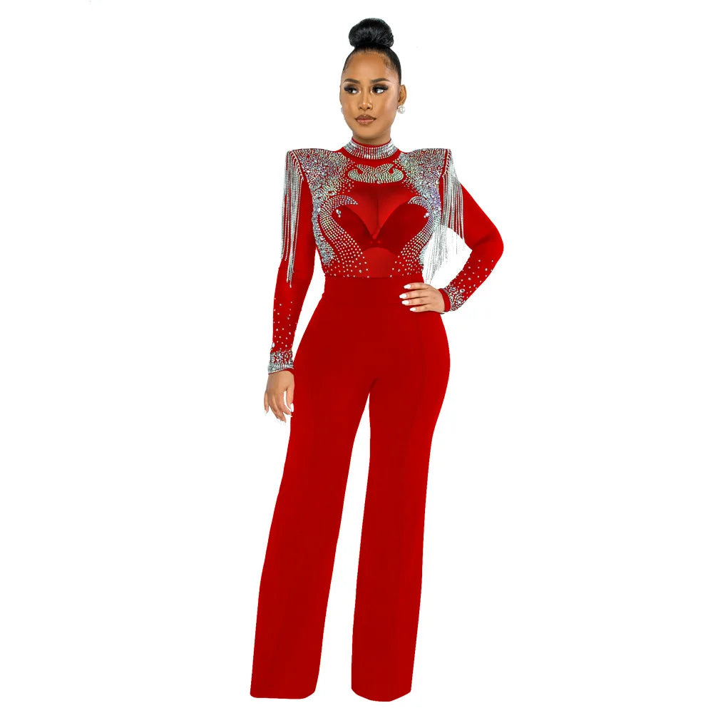 Women's Sheer Diamonds Tassel Jumpsuit See-through High Collar Hot Diamond Shoulder Padded Long Sleeved Party Jumpsuit