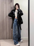 Women's Motorcycle Leather PU Imitation Leather Loose Jacket Black Jacket