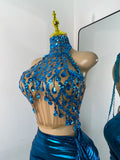Women Sexy Top Skirt Two Pieces Sets Night Club Performance Stage Costume Sparkly Diamonds Stretch Party Celebrate Stage Outfit