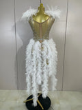 Luxury Sparkly Rhinestones Pearl Fringe Tassel Bodycon Bodysuits Birthday Photo Shoot Outfit DJ Nightclub Performance Stage Wear