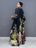 Printed Dress For Women Fashion O-neck Draped Lace Up Waist A-line Casual Vestido Robe Female Autumn
