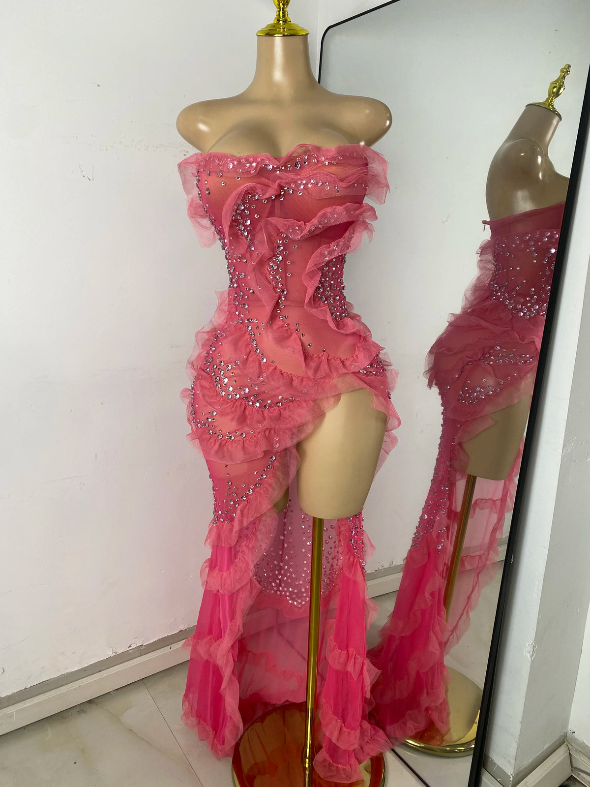 Luxury Diamonds Mesh See Through High Slit Strapless Evening Party Dress Women Sexy Birthday Gowns Nightclub Singer Stage Wear