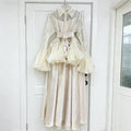 White Two Piece Set for Women Lapel Flare Sleeve Spliced Ruffles Lace Blouse High Waist Simpel Vest Dress Fairy Suit Female
