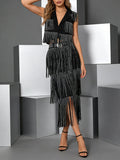 White Fringe Modern Two Piece Set for Women Nitched Collar Sleeves Tank Top Tiered Designmid Skirt Suit for Art Exhibitions