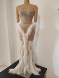 Women Birthday Evening Celebrate Party Nightclub Stage Wear Sexy Sparkly Diamonds Tassel Strapless Mesh See Through Long Dress