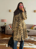 Women Vintage Tiger Print Long Coat Large Fluffy Fur Collar Waist Tie Belted Wrap Coat 2026 Winter Fashion Elegant Outerwear