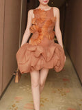 Fashion Orange 3D Floral Appliquet Mini Dress for Women Sleeveless O Neck Slim Sheer Tulle Puffed Skirt for Themed Parties