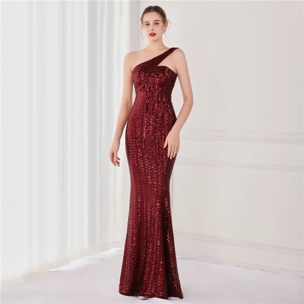 High Quality Women Design Maxi Dress Sexy One Shoulder Sequin Evening Dress Party Night Elegant Long Prom Dress Vestidos