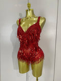 Luxury Sparkly Rhinestone Sequins Tassel Mesh Bodysuits Women Celebrate Eveing Birthday Party Nightclub Bar Dencer Stage Costume