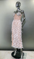 Women's Luxury Feather Rhinestone Beaded Glam Sheer High Slit Tube Top Dress Fashion Hot Birthday Party Banquet Performance Gown