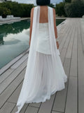 Elegant Women's Strapless Ribbon Long Dress Mesh Maxi Dresses Summer Evening Party Wedding Guest White Yellow Burgundy Brown New