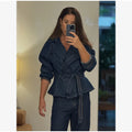 Women Dark Blue Denim Sets Vintage Lapel Belted Peplum Long Sleeve Cuff Top Wide Leg Pants Outfit 2026 Lady Autumn Chic Suits