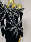 Shiny Diamond Velvet Sexy Side Slit Floor Length Dress With Gloves Women Chic Birthday Banquet Show Host Nightclub Stage Wear
