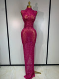 Sparkly Gold Rhinestone Sleeveless Stretch Long Dress Women Sexy Mesh Celebrate Evening Prom Birthday Dress Photo Shoot Wear