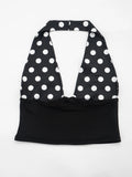 Patchwork 2-Piece Set Women Backless Halter Low-Neck Vest+Folds Elastic Waist Short Fashion Polka Dot Print Suits