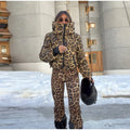 Fashion Leopard Print Ski Suit Women Stand Collar Hooded Zipper Coat Chic Slim Pants 2026 Winter Warm Casual Sport Windproof Set