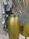 Sexy Sparkly Silver Rhinestones Sequins Mesh Stretch Bodysuit Eveing Birthday Party Nightclub Bar Singer Dancer DJ Stage Costume