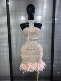 Khaki Women Sexy Halter Off the Shoulder Shining Beading Rhinestones Bodycon Mini Bandage Dress Feathers Elegant Evening W