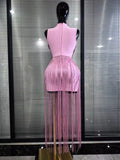 Pink Skyblue Women Sexy O-Neck Bodycon Bandage Long Tassels Gowns Dress Elegant Evening Party Birthday Homecoming Outfit