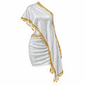 Silver Sequin Two Piece Outfit One Shoulder Coin Trim Cape Top High Waist Skirt 2026 Summer New Beach Party Nightclub Dating Set